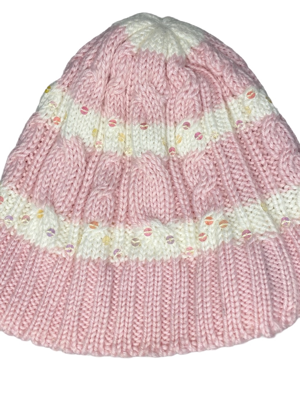 Gap Pink White Cable Knit Sequin Fleece Lined Beanie Hat OS